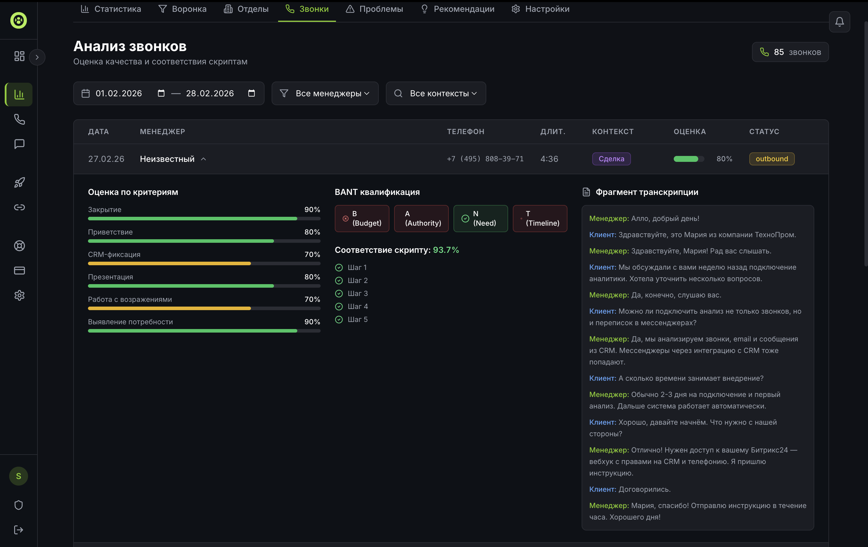 Анализ звонков — оценка и транскрипция
